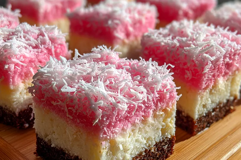 Chef Mitchell expertly drizzling pink candy melts over the pressed coconut mixture for Pink Coconut Snowball Bars.