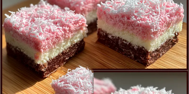 A close-up image of Pink Coconut Snowball Bars showcasing their vibrant pink color and coconut topping.