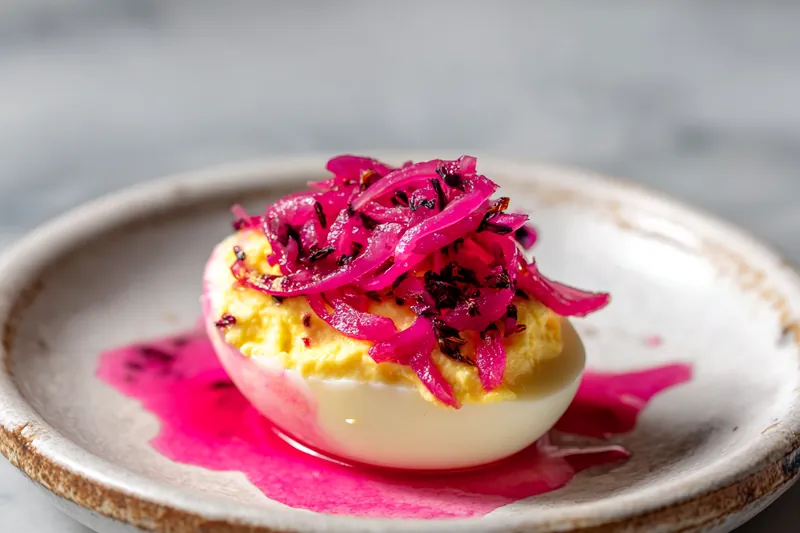 Close up of a deviled egg being topped with pink pickled onions and sprinkled with paprika on a wooden board