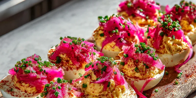A rustic wooden board filled with deviled egg halves topped with bright pink pickled red onions, smoked paprika, and chives.