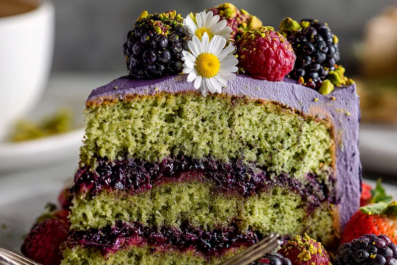 A hand placing fresh blackberries and chamomile flowers onto the frosted pistachio cake