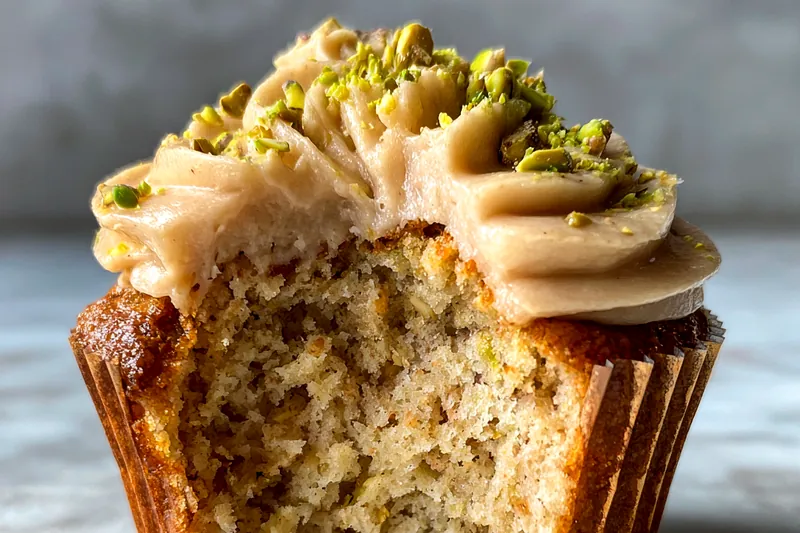 A collection of fresh ingredients for Pistachio Cream Cupcakes, including flour, pistachios, eggs, and butter.