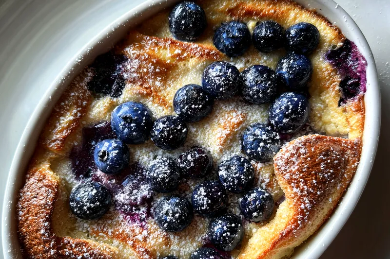 The cooking process shows the pancake casserole rising in the oven.