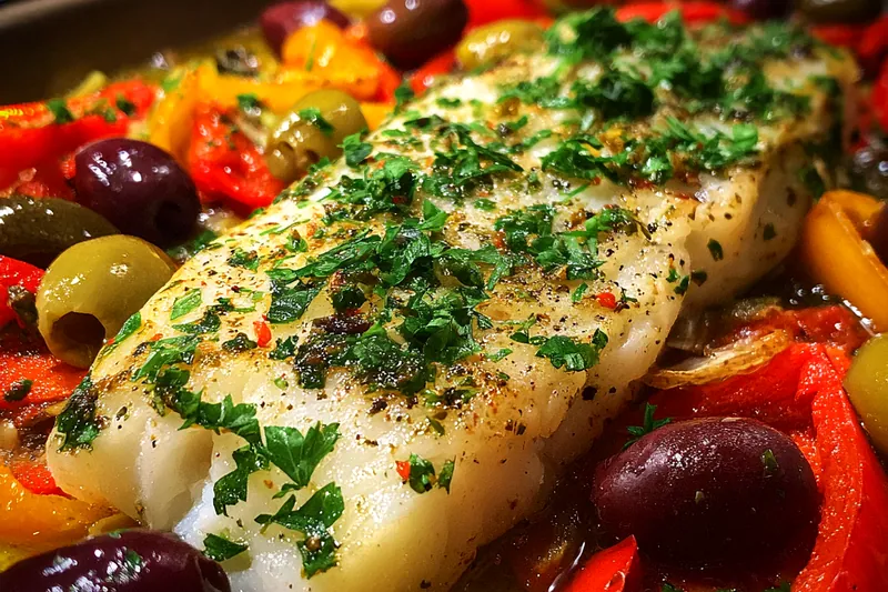 A chef checking the doneness of Quick Mediterranean Baked Cod in the oven.