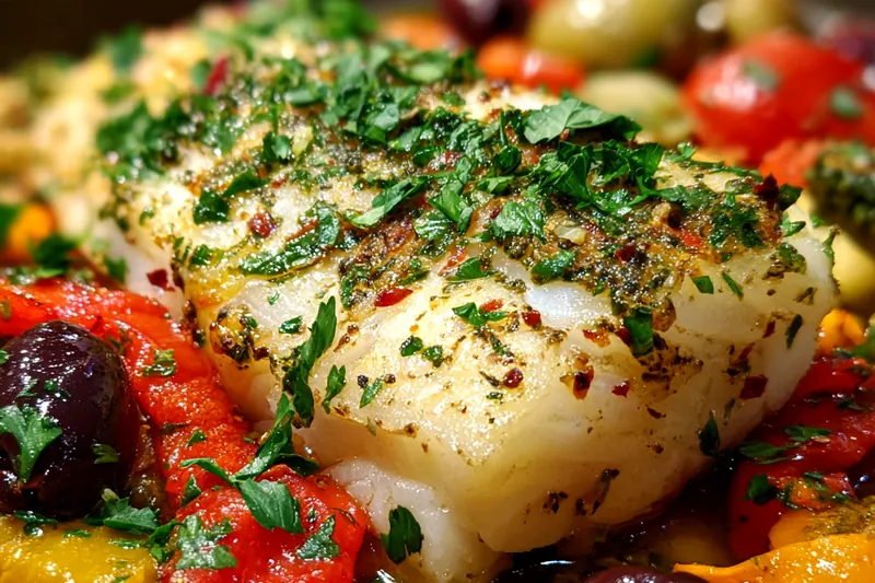 A neatly arranged display of fresh ingredients for Quick Mediterranean Baked Cod.