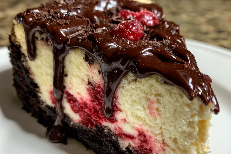 Partially baked raspberry swirl cheesecake in water bath showing distinct marbled pattern of red raspberry sauce through creamy vanilla filling