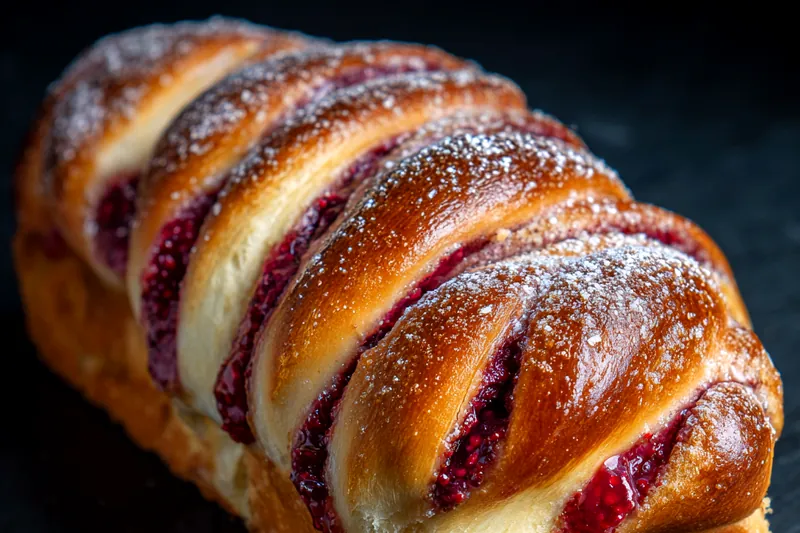 Ingredients for raspberry danish braid including puff pastry, cream cheese, eggs, raspberry preserves, and powdered sugar on marble countertop
