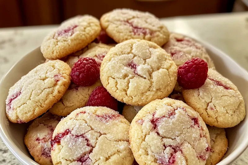 Chef Mitchell baking Delicious Raspberry Sugar Cookies in a cozy kitchen setting, with ingredients and tools gathered around.