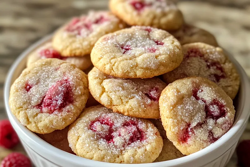 Colorful arrangement of ingredients for Delicious Raspberry Sugar Cookies including fresh raspberries, butter, and flour.