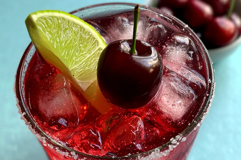 A process photo showing the mixing of ingredients for the Refreshing Cherry Limeade Cocktail.
