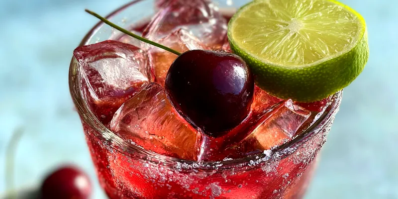 A vibrant glass of Refreshing Cherry Limeade Cocktail garnished with cherries and lime slices.