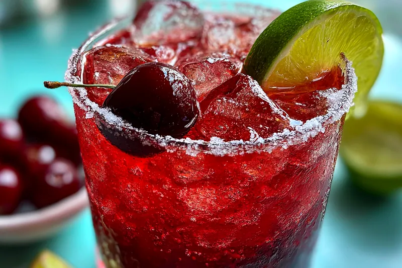 Ingredients for Refreshing Cherry Limeade Cocktail arranged on a wooden table.