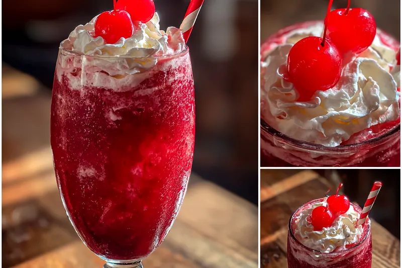 A collection of ingredients for Refreshing Cherry Rum Slushie displayed on a marble countertop.