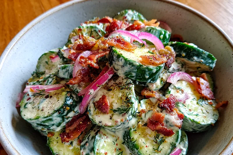 A bowl of Refreshing Cucumber Ranch Salad being tossed together with fresh ingredients.