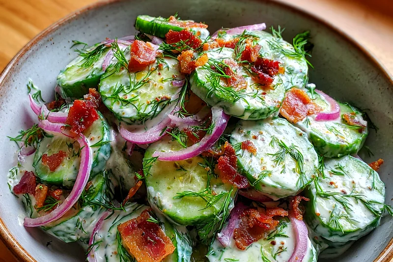 Fresh ingredients for Refreshing Cucumber Ranch Salad laid out on a wooden cutting board.