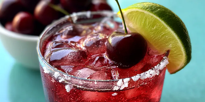 A bright and refreshing glass of spiked cherry limeade garnished with cherries and lime slices