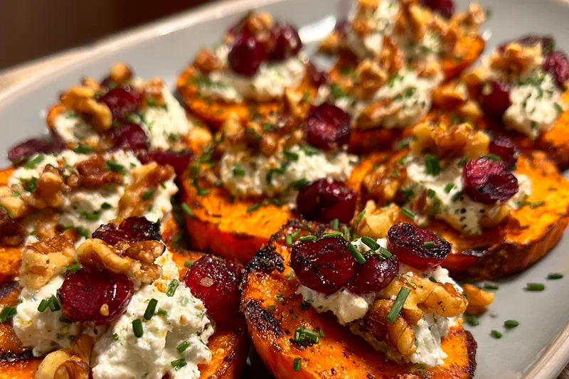 Golden butternut squash rounds roasting on a baking sheet showing caramelization and slight charring at the edges, with a spatula about to flip them
