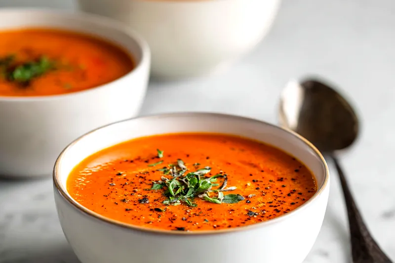 Cooking creamy roasted red pepper gouda soup on the stove