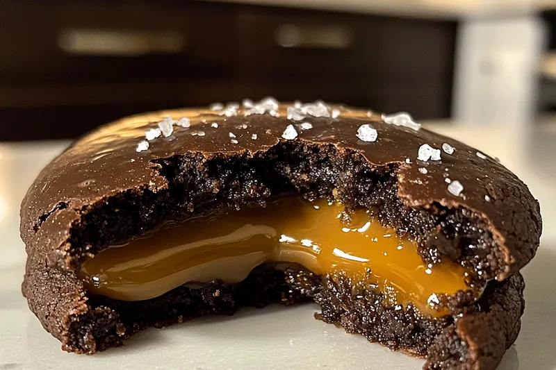 The process of baking Decadent Salted Caramel Cookies in the oven.