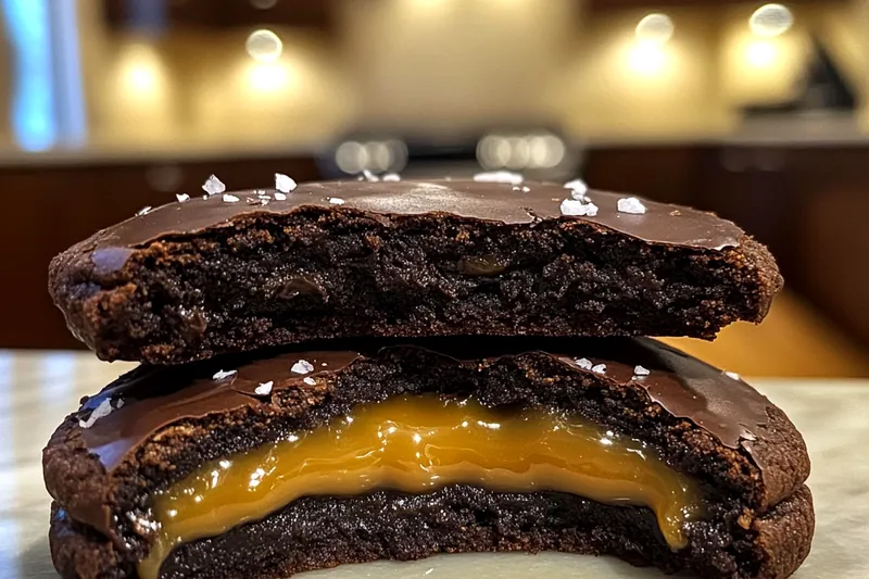 An array of ingredients for Decadent Salted Caramel Cookies, including butter, sugar, and chocolate chips.