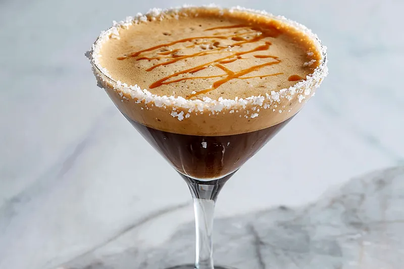 Pouring a Salted Caramel Espresso Martini into a martini glass