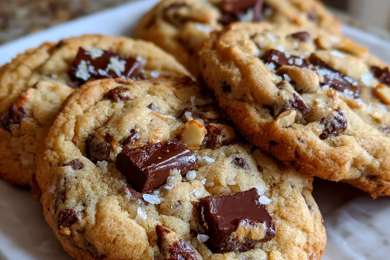 Baking ingredients including flour, butter, brown sugar, dark chocolate bar, and macadamia nuts on a wooden board