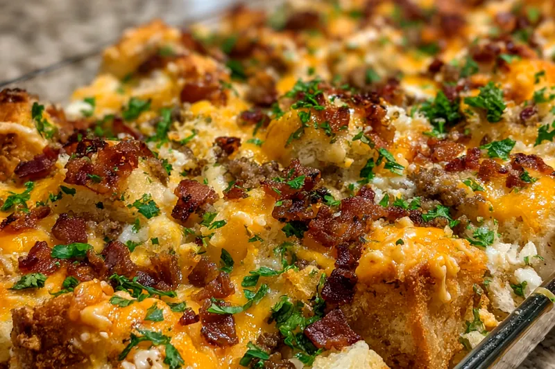 The process of preparing the Sausage and Cheese Breakfast Bake, showcasing the mixing of ingredients.