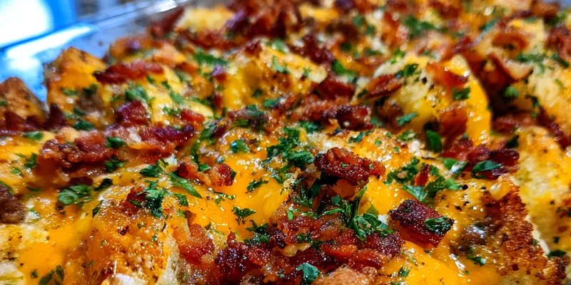 A deliciously baked Sausage and Cheese Breakfast Bake served in a casserole dish.