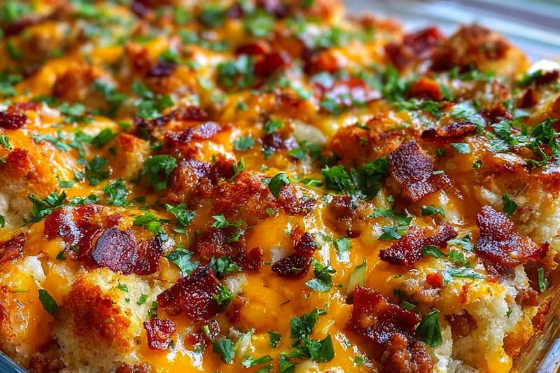 A variety of ingredients used for Sausage and Cheese Breakfast Bake displayed on a kitchen counter.
