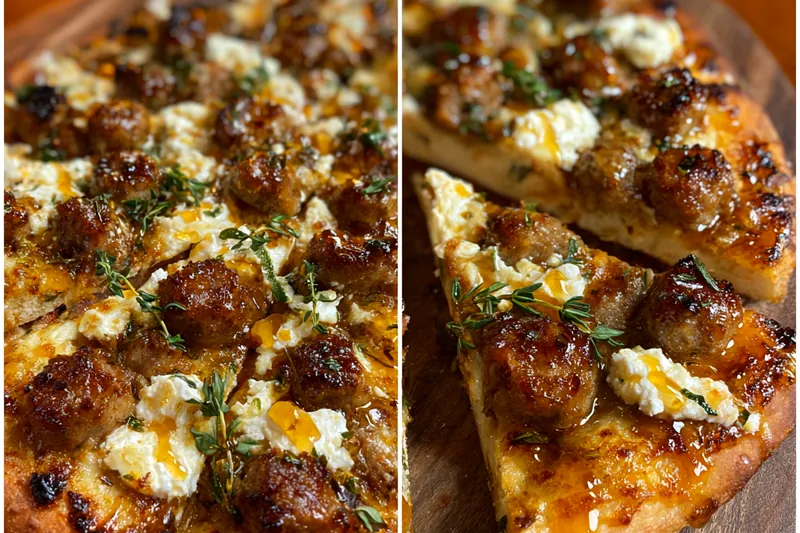 Cooking process for Sausage Honey Ricotta Pizza