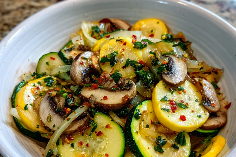 A skillet of sautéed zucchini and mushrooms on the stove.