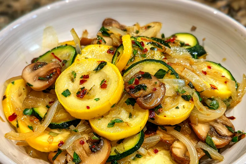 Fresh zucchini and mushrooms prepared for sautéing.