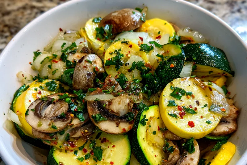 Slicing fresh zucchini and mushrooms, preparing for sautéing.