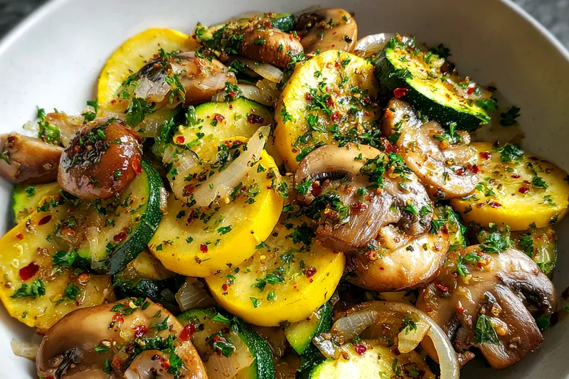 Fresh zucchini and mushrooms ready for sautéing, showcasing their vibrant colors.