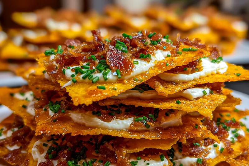 The process of baking Savory Bacon Cream Cheese Chips with bubbling cheese and crispy edges.