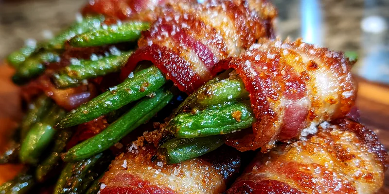 A beautifully plated dish of Savory Bacon-Wrapped Green Beans, garnished with parsley.