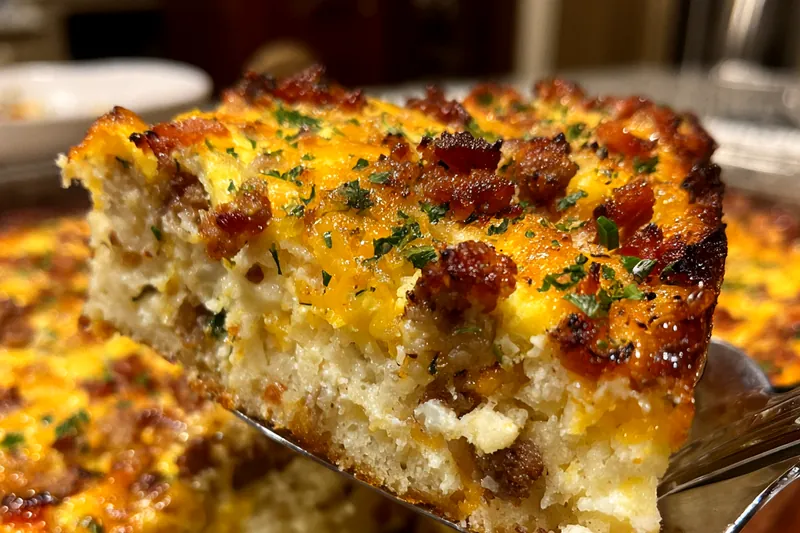 A chef carefully assembling Savory Breakfast Casserole Delight layers in a baking dish.
