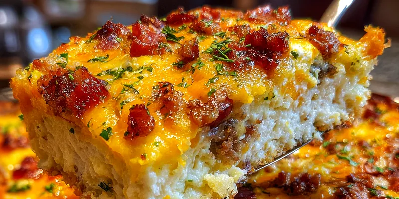 A beautifully baked Savory Breakfast Casserole Delight with golden-brown top and vibrant colors of ingredients.