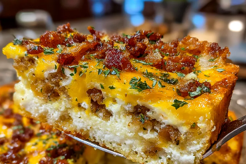 A colorful display of ingredients for Savory Breakfast Casserole Delight, including eggs, sausage, and vegetables.