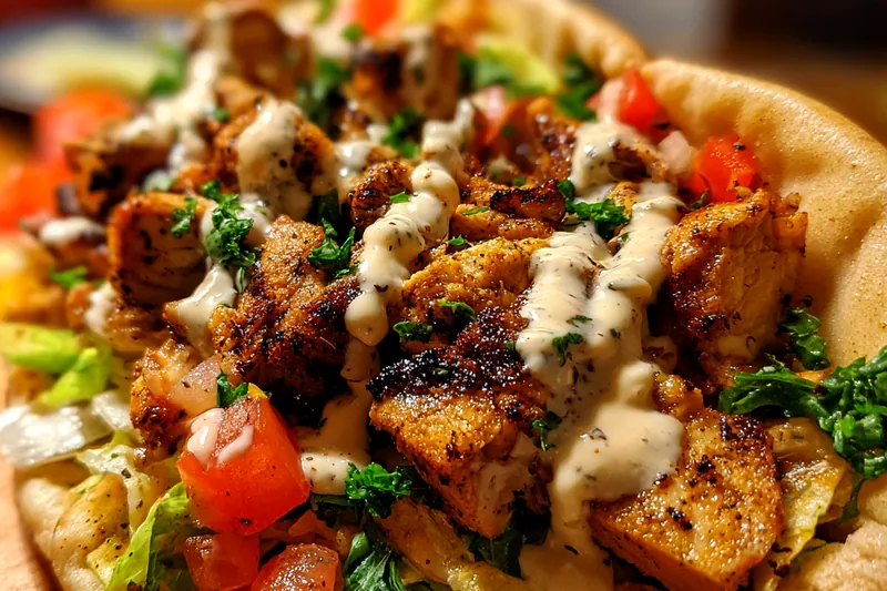 The cooking process of Savory Chicken Shawarma Delight in a skillet, showing seasoned chicken sizzling and vegetables nearby.