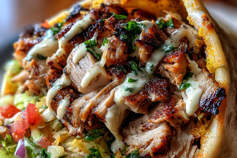 A colorful display of fresh ingredients for Savory Chicken Shawarma Delight, including chicken, spices, and vegetables.