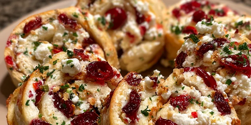 A platter of Savory Cranberry Feta Pinwheels garnished with parsley and cranberries, ready to serve.