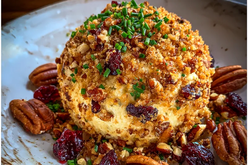 A step-by-step visual representation of preparing Savory Cranberry Pecan Cheese Ball, showing mixing and shaping.