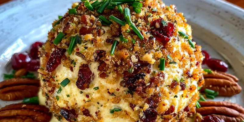 A beautifully arranged Savory Cranberry Pecan Cheese Ball garnished with fresh herbs and served with crackers.