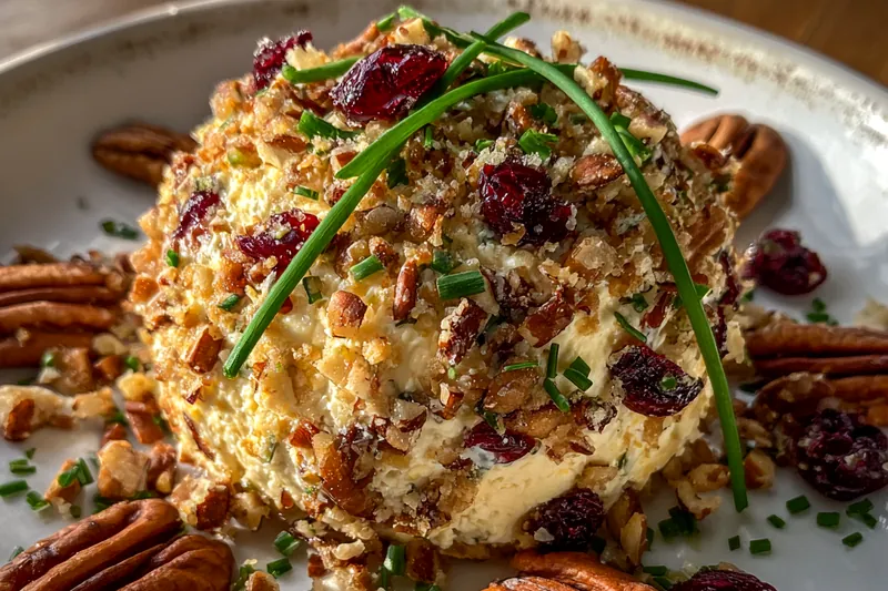 A colorful display of ingredients for Savory Cranberry Pecan Cheese Ball, including cream cheese, cranberries, and pecans.