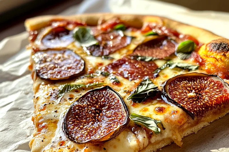 A vibrant display of ingredients for Savory Fig Jam Pizza Delight, including fresh figs, cheeses, and herbs.
