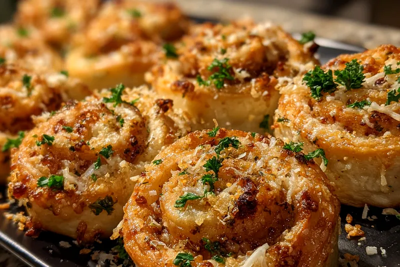 A chef baking Savory Garlic Parmesan Pizza Rolls in the oven, showcasing the golden-brown crust.