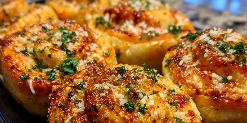 A plate of golden-brown Savory Garlic Parmesan Pizza Rolls, garnished with fresh parsley and served with marinara sauce.