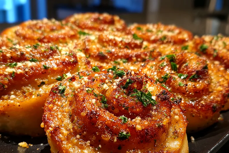 Fresh ingredients displayed for Savory Garlic Parmesan Pizza Rolls including pizza dough, garlic, and parmesan cheese.