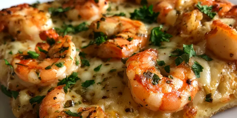 Savory Garlic Shrimp Pizza topped with fresh parsley, cheese, and shrimp on a wooden table.